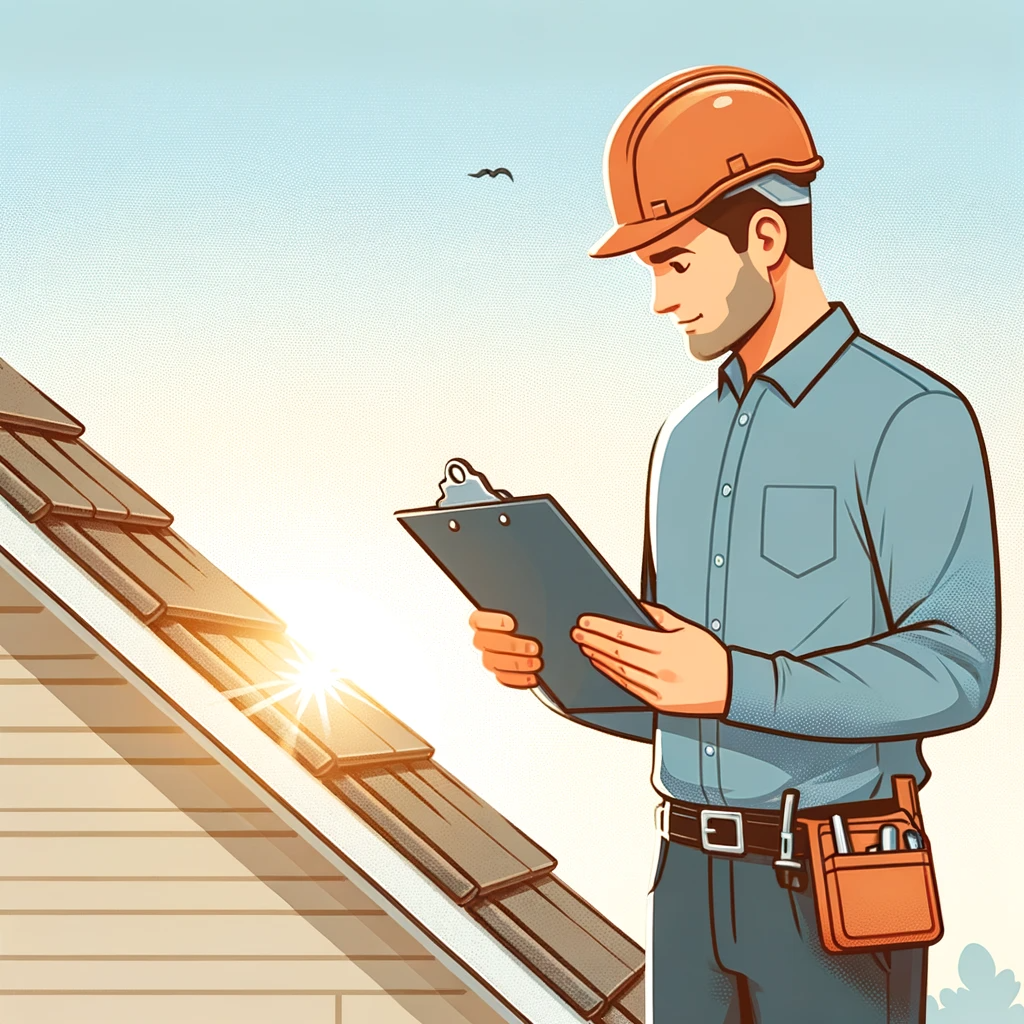Professional roof inspector examining a residential roof, clipboard in hand, under a clear sky.